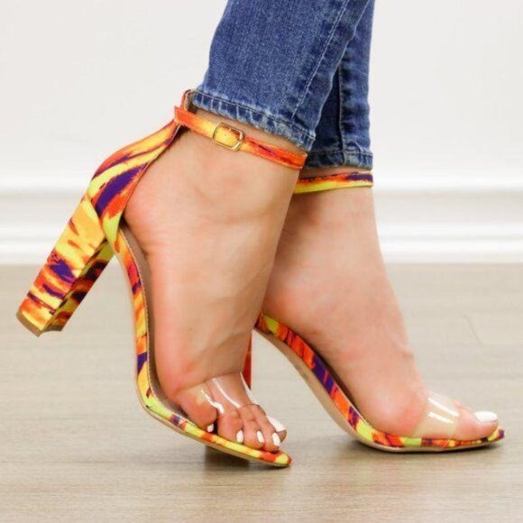 Ankle Strap Chunky Heeled Sandals, Clear Toe Band - Picture 7 of 9